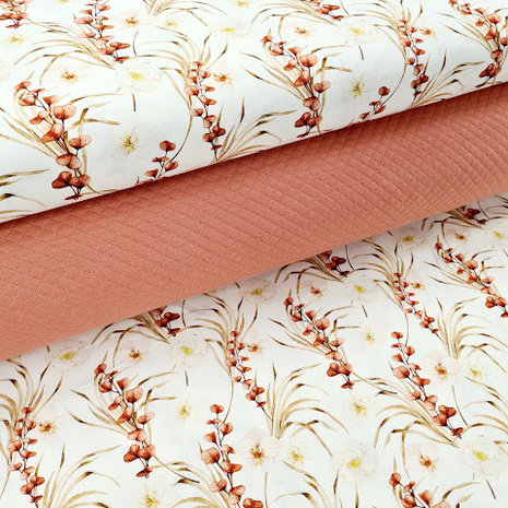 off white terracotta rode orchidee en eucalyptus digitale poplin @beebsstofjes met gevoerde wafeltjes tricot dusty roze