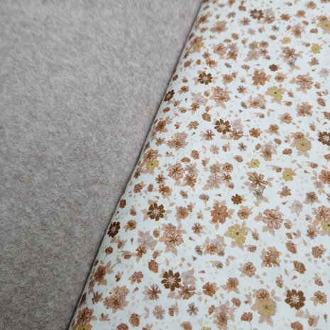 taupe melee beige biologisch katoenen fleece met bloemetjes poplin beige - caramel - perzik @kickenstoffen