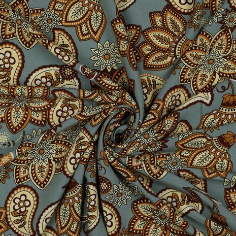 zee groen (donker) beige cacao bruin Paisley Bloemen Radiance Viscose *S