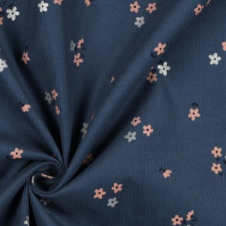 blauwe bloemen corduroy babyrib KicKenStoffen