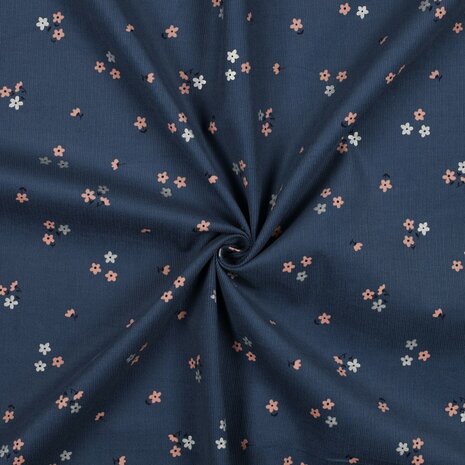 blauwe bloemen corduroy babyrib KicKenStoffen