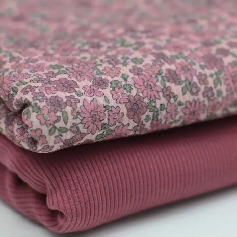 Lieve Kleine Bloemen roze digitaal en framboos uni fijne katoenen Baby rib tricot SOFT