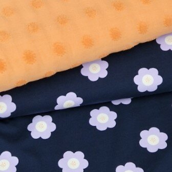 Poppy french terry big flowers blauw met oranje badstof tricot zonnetje bloem van KicKenStoffen