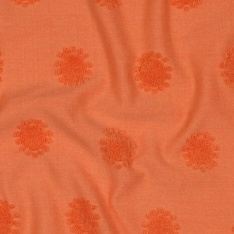 badstof tricot zonnetjes bloemen oranje KicKenStoffen