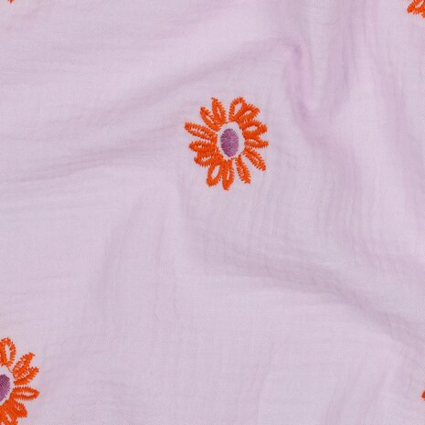 zonnetjes bloemen broderie hydrofiel lila oranje KicKenStoffen