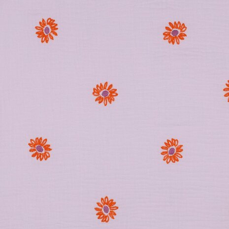 zonnetjes bloemen broderie hydrofiel lila oranje KicKenStoffen