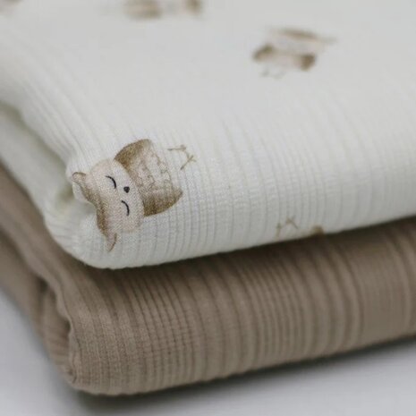 BEEBS donkertaupe en uiltjes fijne katoenen Baby rib tricot SOFT onregelmatige ribbels @kickenstoffen