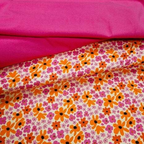 retro bloemen tricot met fuchsia uni tricot KicKenStoffen