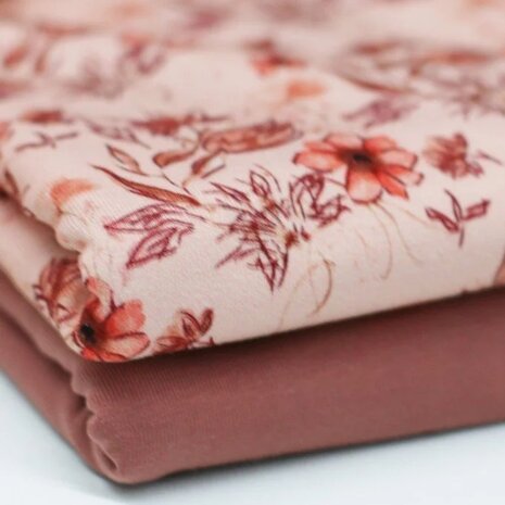 BEEBS Jersey Cotton Fabric Digital Print - Clay Pink Flowery and plain jersey  KicKenStoffen