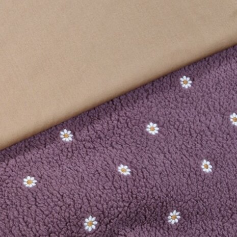 broderie bloemen teddystof bordeaux mauve met cacao poplin katoen van KicKenStoffen