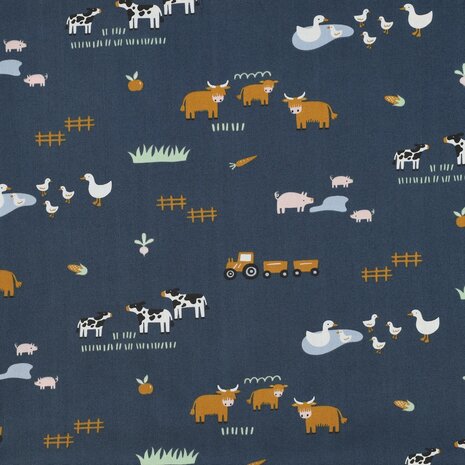 fine poplin farm animals blue - KicKenStoffen