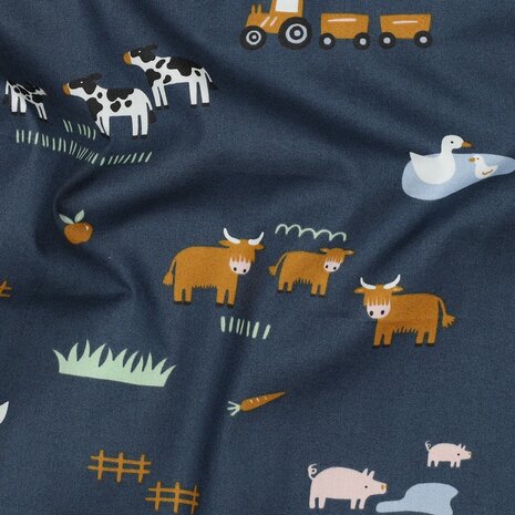 fine poplin farm animals blue - KicKenStoffen