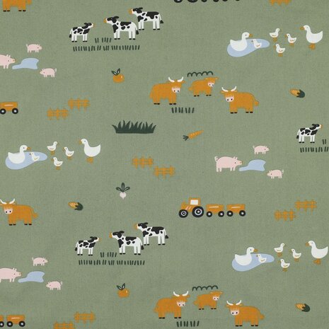 fine poplin farm animals green - KicKenStoffen