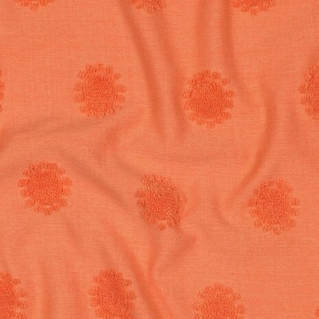 badstof tricot zonnetjes bloemen zacht oranje KicKenStoffen