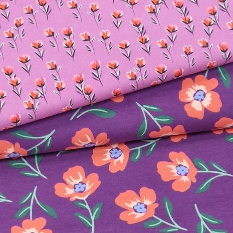 mauve (violet) oranje groen Bloemen soft sweat met poplin bloem op steel van KicKenStoffen