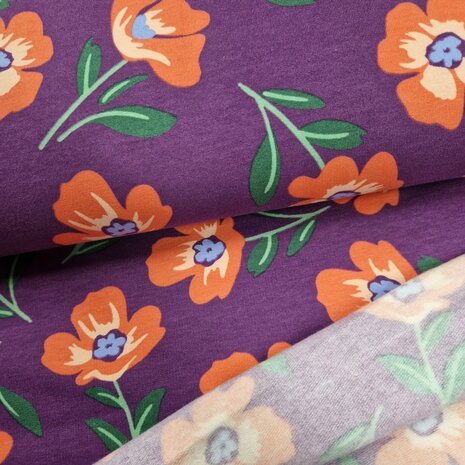 mauve  oranje groen Bloemen soft sweat van KicKenStoffen