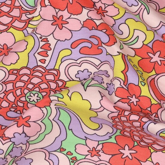 rood roze abstracte bloemen french terry KicKenStoffen