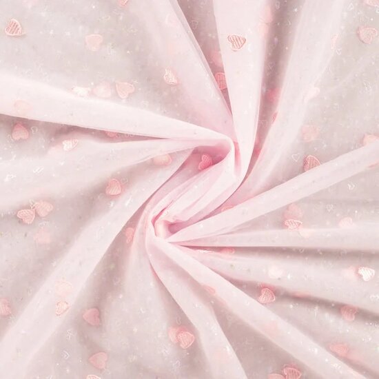 nylon mesh &amp; embroidery hearts pink KicKenStoffen